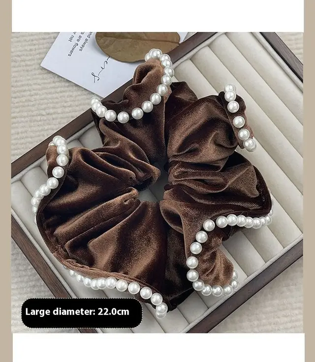 Vintage Velvet Beads Hair Ring Temperament Oversized Flocking Classic Style All matching Elegant Fashion High Elastic Black Hair Rope Brown - Shop at LoveMi