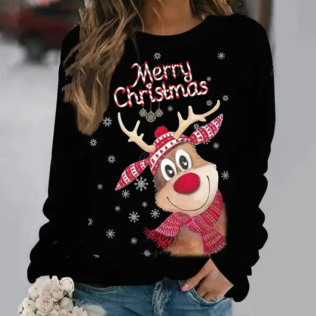 New Women's Long Sleeve Digital 3D Printing Cartoon Elk Round Neck Loose Sweatshirt Rhr1Gm2307125 - Shop at LoveMi