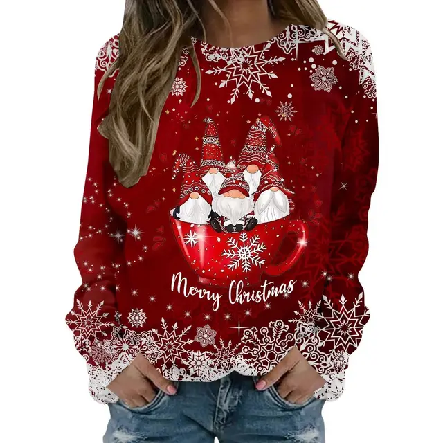 New Women's Long Sleeve Digital 3D Printing Cartoon Elk Round Neck Loose Sweatshirt Style 3 - Shop at LoveMi