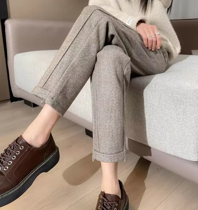 Autumn And Winter High Waist Loose And Slimming Stitching Thickening Cropped Woolen Cigarette Pants Brown - Shop at LoveMi