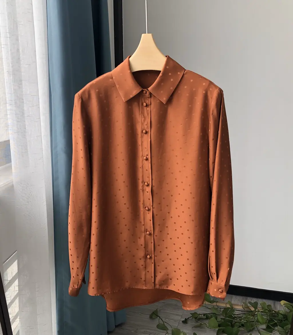 French Minority Loose And Idle Silky Crepe Satin Glossy Reverse Long Sleeve Shirt - Caramel