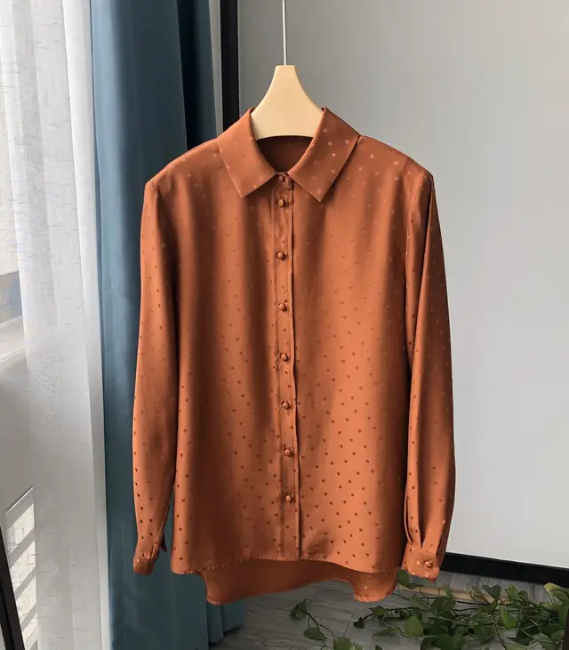 French Minority Loose And Idle Silky Crepe Satin Glossy Reverse Long Sleeve Shirt Caramel - Shop at LoveMi