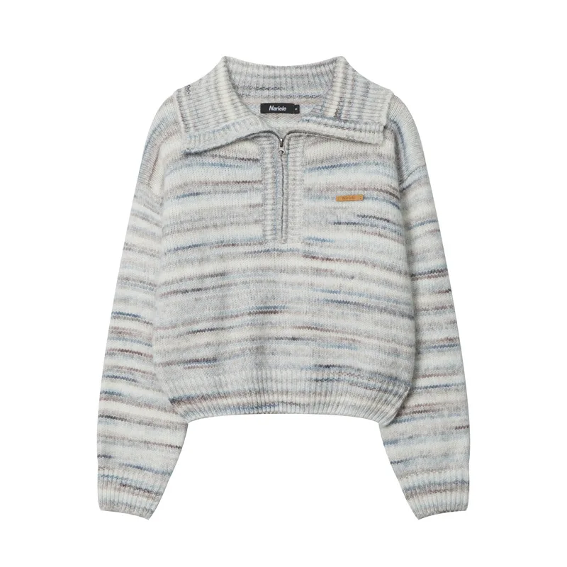 Lapel Short Sweet Half Zip Sweater For Women Striped Minimalist Gray - Shop at LoveMi