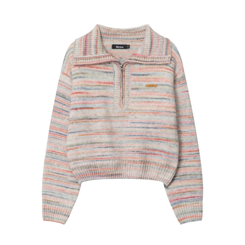 Lapel Short Sweet Half Zip Sweater For Women Striped Minimalist Pink - Shop at LoveMi