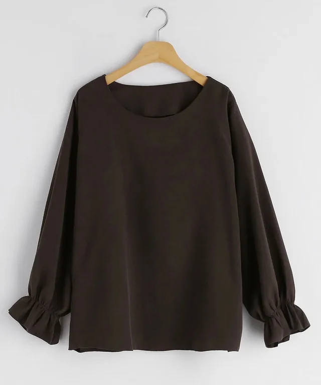 Pure Color Casual Versatile Round Neck Long Sleeve Top Brown - Shop at LoveMi