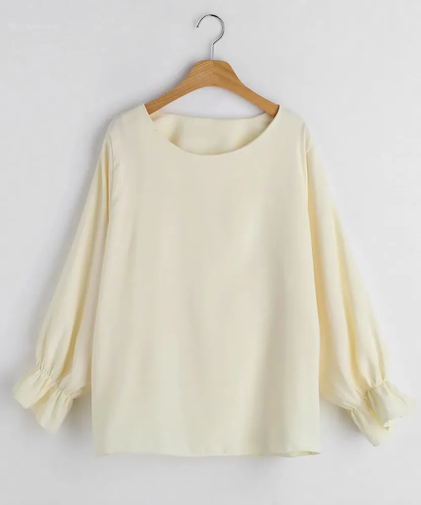 Pure Color Casual Versatile Round Neck Long Sleeve Top Milky White - Shop at LoveMi