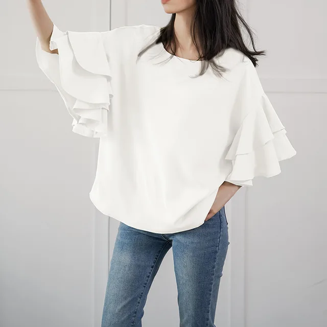 Women's Double layer Ruffle Sleeve Round Neck Shirt White - Shop at LoveMi