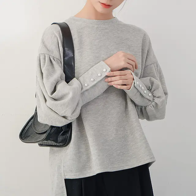 Women's Lantern Sleeve Sweater Pearl Buckle Solid Color Light Gray - Shop at LoveMi