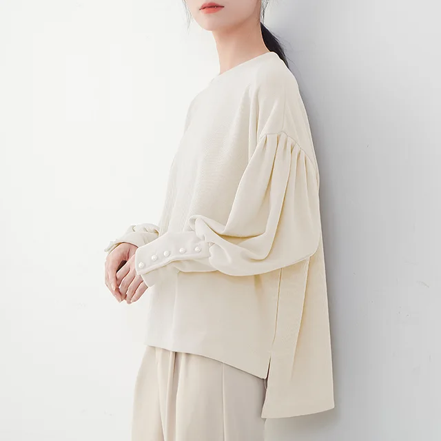 Women's Lantern Sleeve Sweater Pearl Buckle Solid Color Milky White - Shop at LoveMi