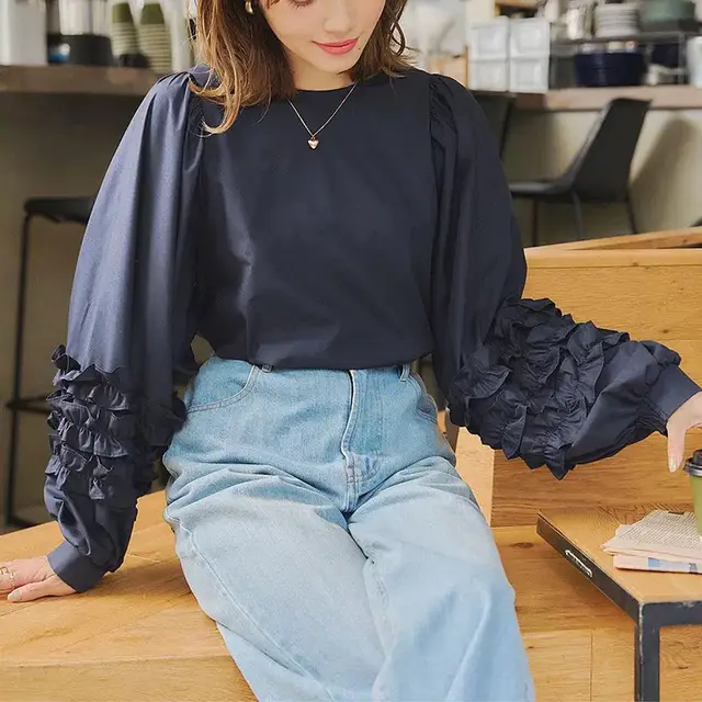 Advanced Sense Sweet Lotus Leaf Puff Sleeve Top Navy Blue - Shop at LoveMi
