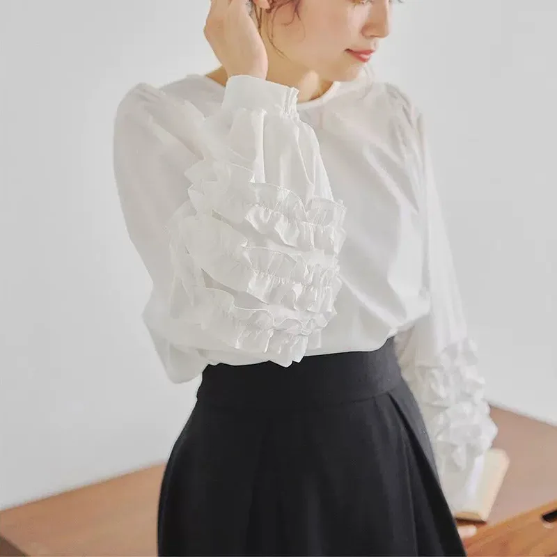 Advanced Sense Sweet Lotus Leaf Puff Sleeve Top White - Shop at LoveMi