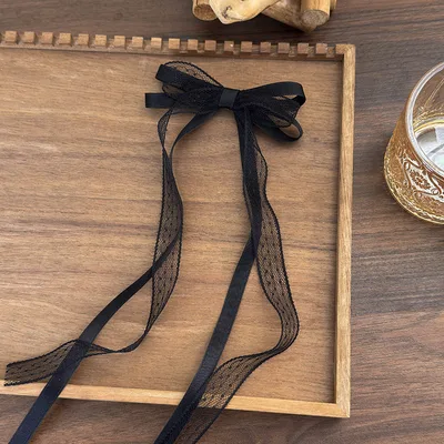 Lace Bow Ribbon Hairpin Ballet Style Girl's Hair Hoop Side Fringe Clip Black - Shop at LoveMi