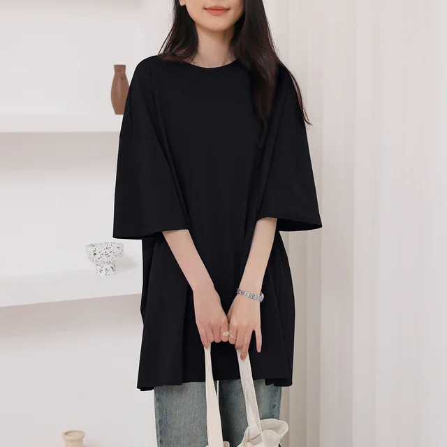 Summer Pure Cotton T shirt Side Slit Casual Black - Shop at LoveMi