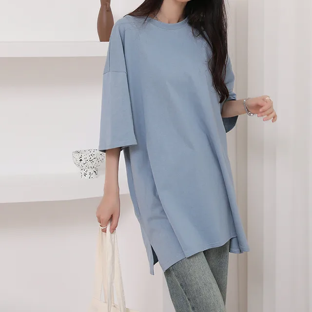 Summer Pure Cotton T shirt Side Slit Casual Sea Blue - Shop at LoveMi