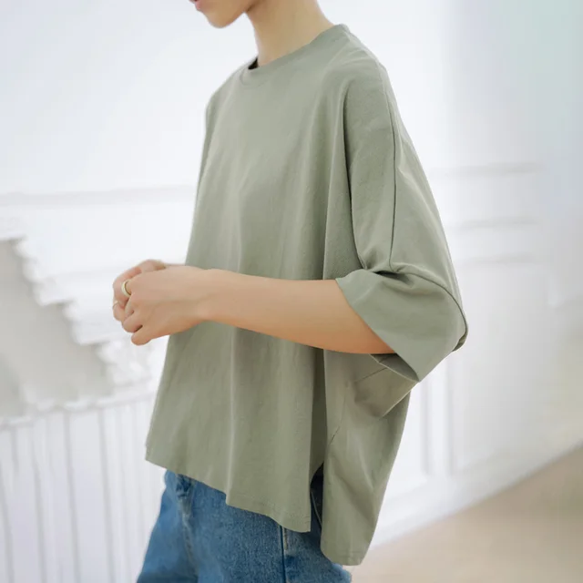 Loose fitting Pure Cotton T shirt Women's Large Version Light Green - Shop at LoveMi