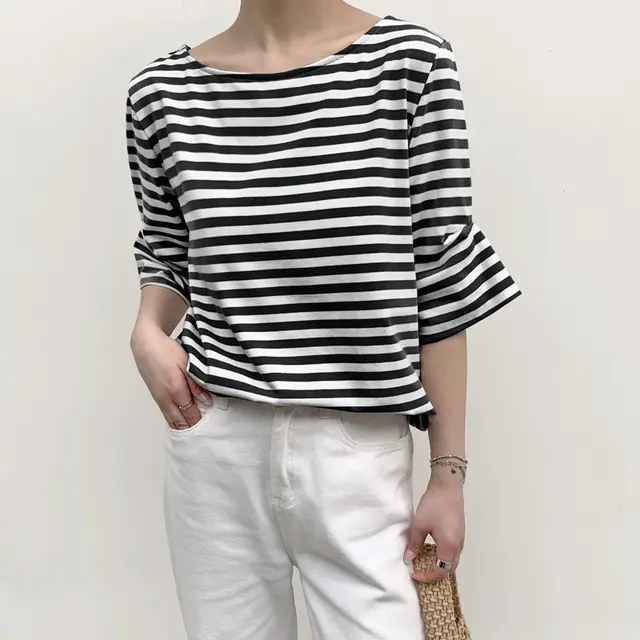 Leisure Artistic Versatile Loose Striped Solid Color Half Sleeve T shirt Black And White Stripes - Shop at LoveMi