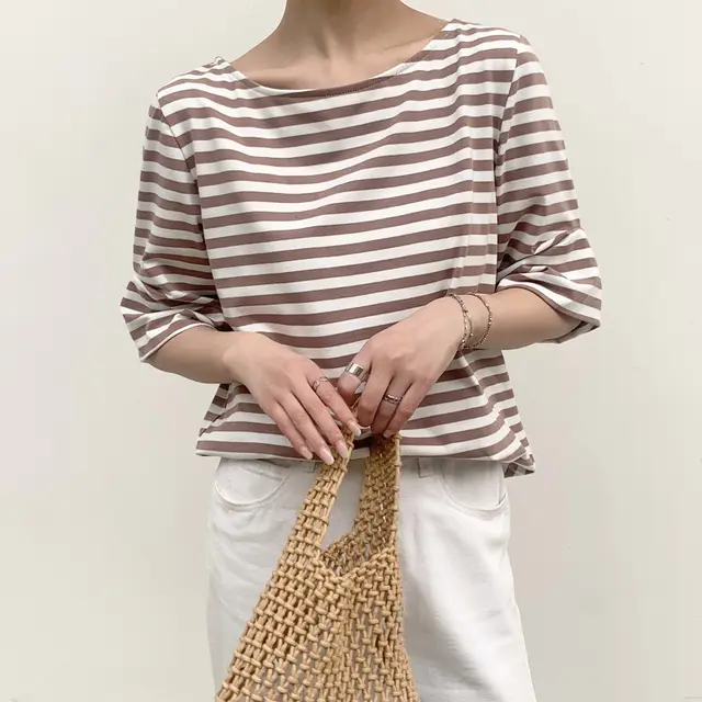 Leisure Artistic Versatile Loose Striped Solid Color Half Sleeve T shirt Coffee Stripes - Shop at LoveMi