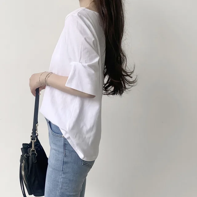 Leisure Artistic Versatile Loose Striped Solid Color Half Sleeve T shirt White - Shop at LoveMi