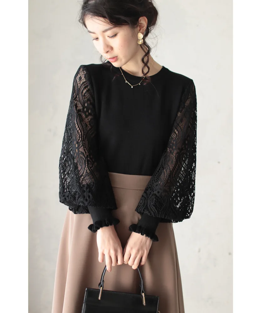 Sheer Yarn Flower Embroidered Sleeve Patchwork Knitting Bottoming Shirt Black - Shop at LoveMi