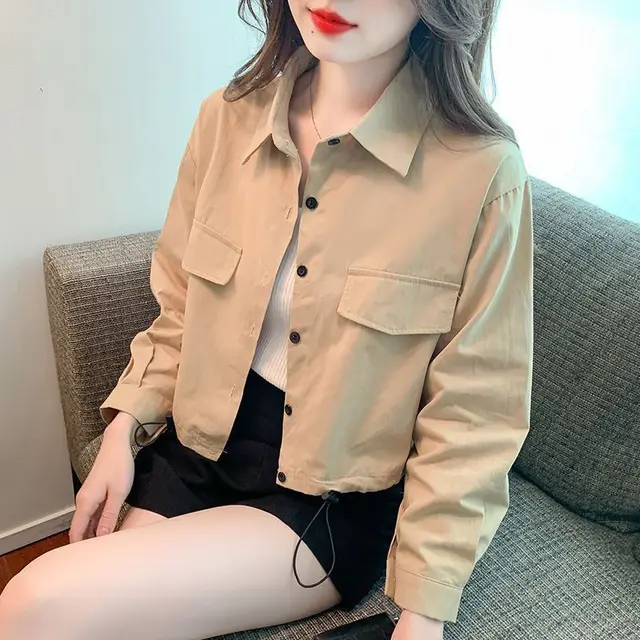 Korean Version Of Everything Loose Simple Drawstring Design Sense Long sleeved Casual Shirt Short Top Apricot - Shop at LoveMi