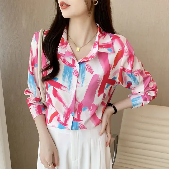 Women's Print Versatile Simple Temperament Long Sleeved Shirt Long Pink - Shop at LoveMi
