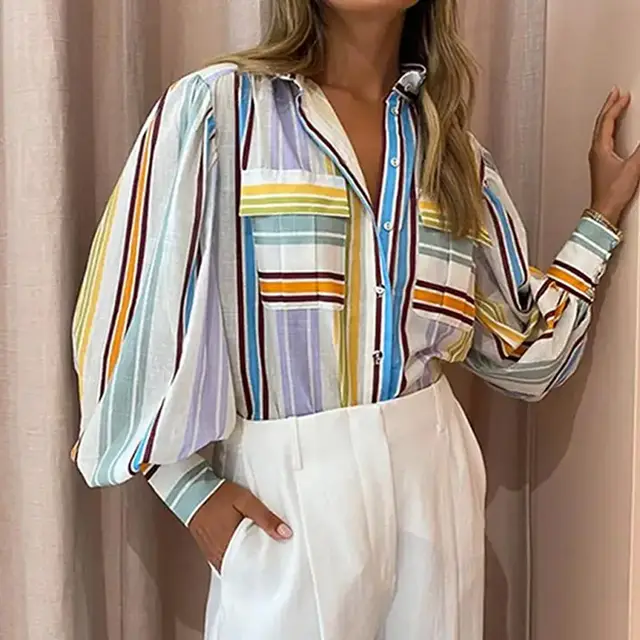 New Elegant Lapel Long Sleeve Printed Painted Casual Top White And Purple Stripes - Shop at LoveMi