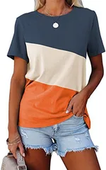 Spring And Summer Color-block Crew Neck Loose Casual Short-sleeved T-shirt - Orange