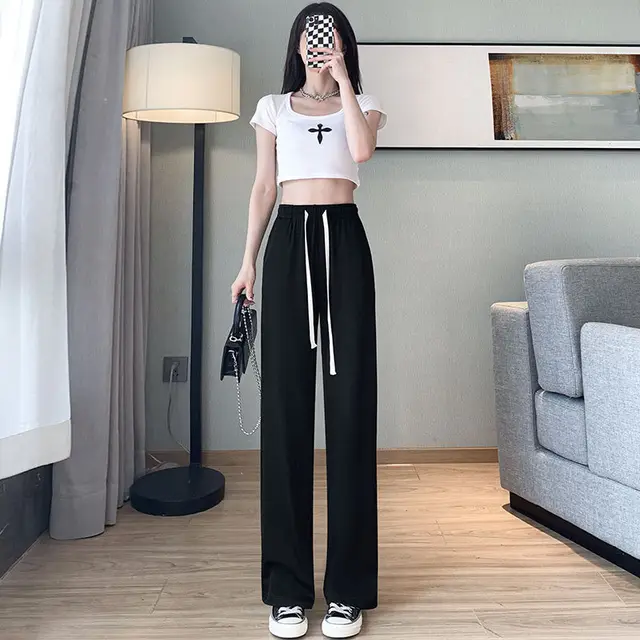 Ice Silk Wide leg Pants Women's Draping Effect Trousers Black - Shop at LoveMi