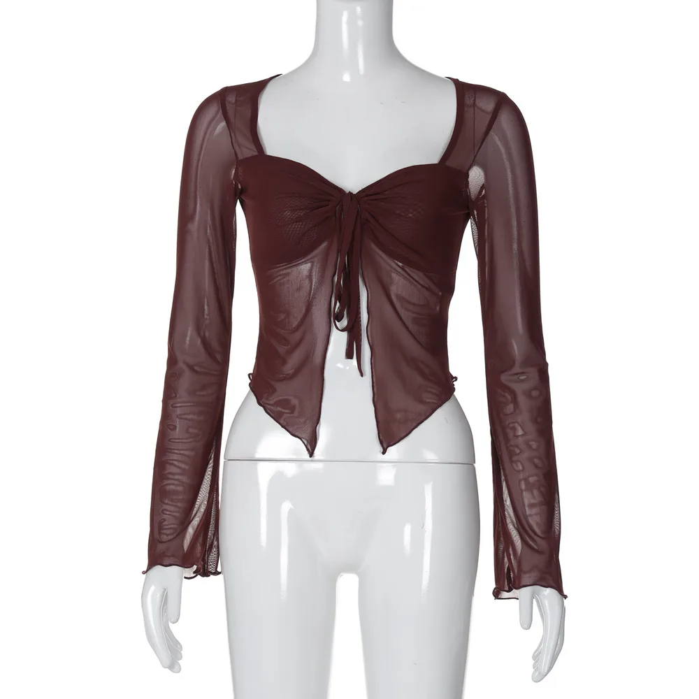 Women's Drawstring Mesh Long sleeved Top Reddish Brown - Shop at LoveMi