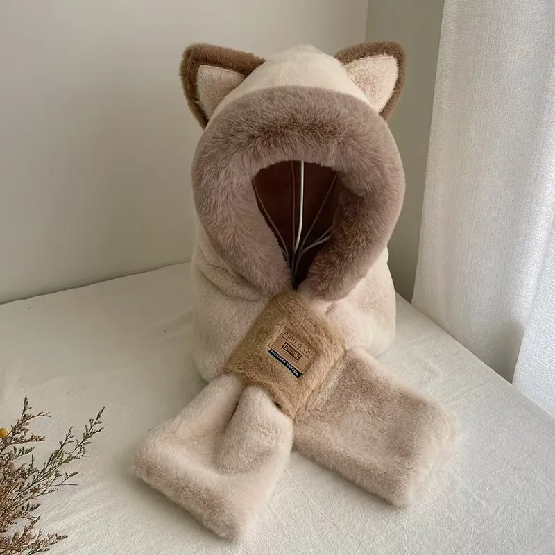 Scarf Fleece-lined Thickened Cold Protection Warm Hat - Beige