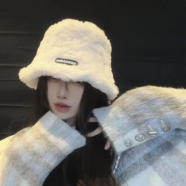 Scarf Fleece lined Thickened Cold Protection Warm Hat Bucket Hat White - Shop at LoveMi