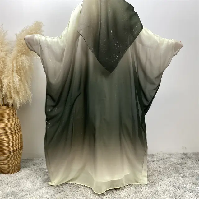 Middle East Muslim Chiffon Cardigan Gradient Batwing Sleeve With Headscarf Suit Army Green - Shop at LoveMi