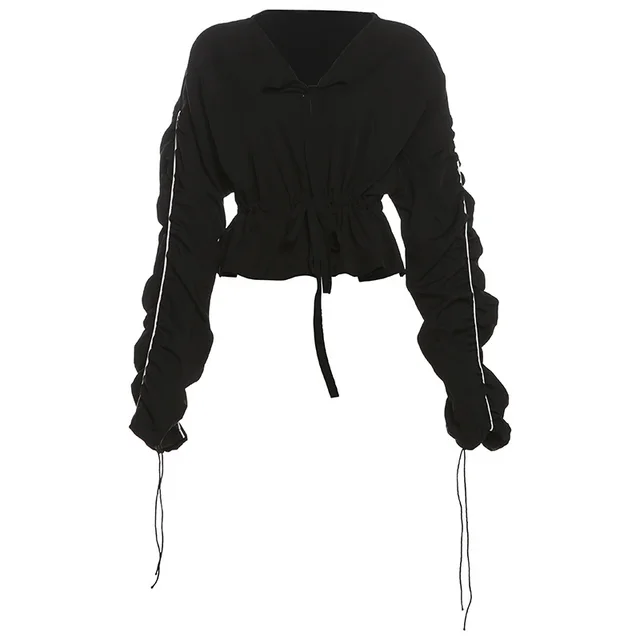Deep V neck Lace Up Long Sleeve Top High Waist Suit Black Top K24L54555 - Shop at LoveMi