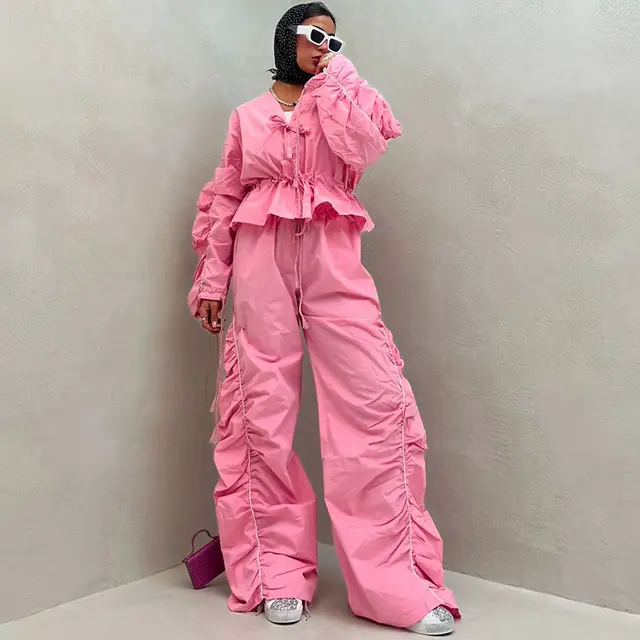 Deep V neck Lace Up Long Sleeve Top High Waist Suit Rose Red Trousers K24P54556 - Shop at LoveMi