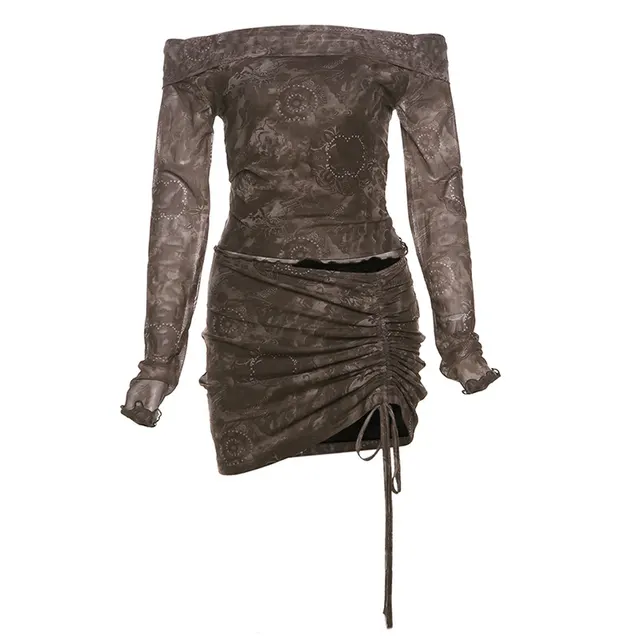 Slim Fit Midriff baring Off shoulder Top High Waist Suit Brown - Shop at LoveMi