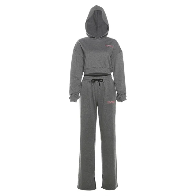 Women's Embroidered Hooded Sweater High Waist Suit Gray - Shop at LoveMi