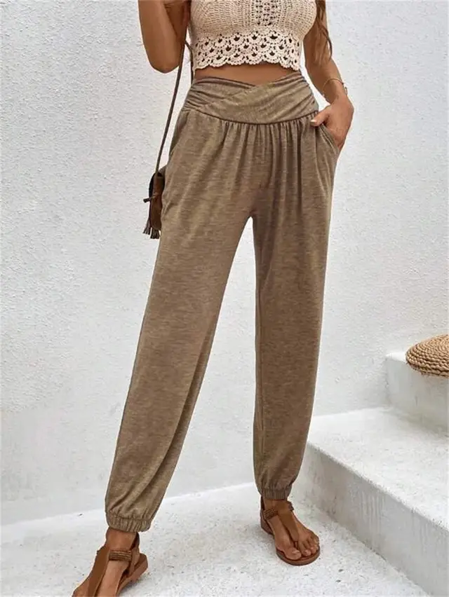 Casual Loose Pocket High Waist Ankle tied Trousers For Women Khaki - Shop at LoveMi