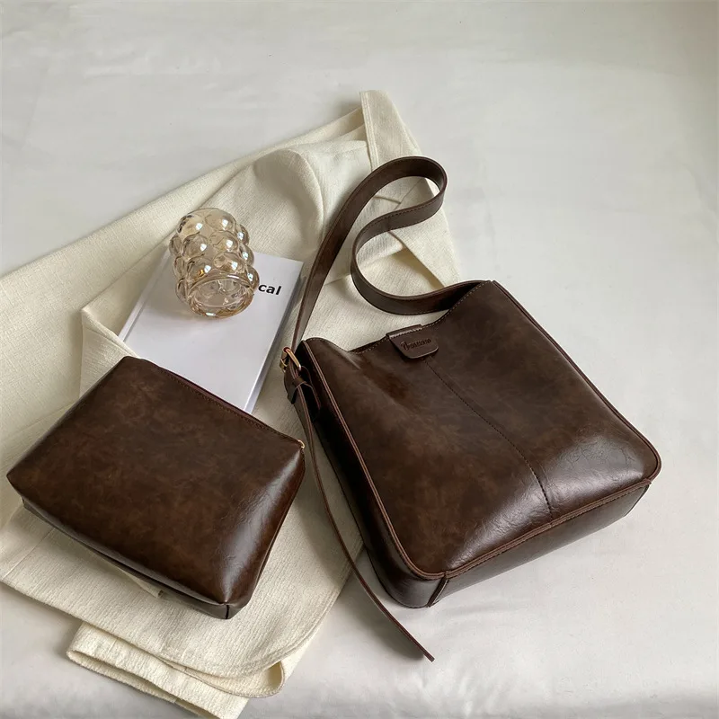 Large capacity Bucket Fashion Women's Cross body Bag Fashion Womens Shoulder Bag Autumn And Winter Handbag Coffee - Shop at LoveMi