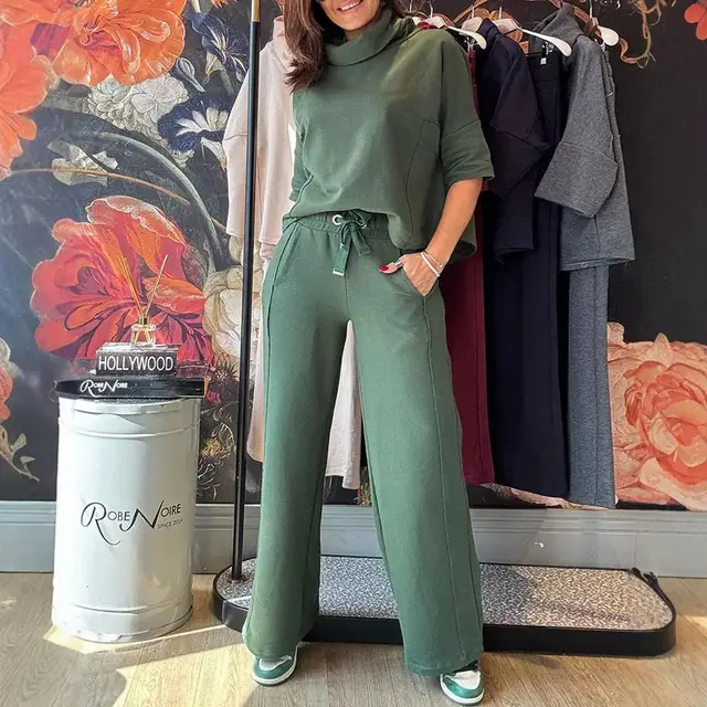 Casual Loose Waist Ribbon Decorative Wide Leg Trousers 2 piece Set Dark Green - Shop at LoveMi