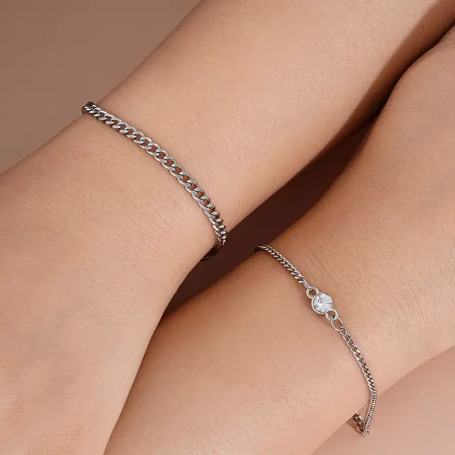 Minority Simple Round Diamond Chain Bracelet Hip Hop Cool Couple 2 piece Set Silver 2Pc - Shop at LoveMi