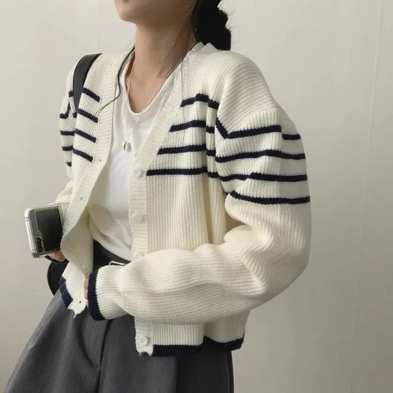ChicV Collar Striped Cardigan Sweater Coat Beige - Shop at LoveMi