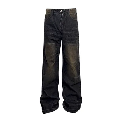 Washed Straight Dirty Mud Textured Deconstructed Jeans Black - Shop at LoveMi