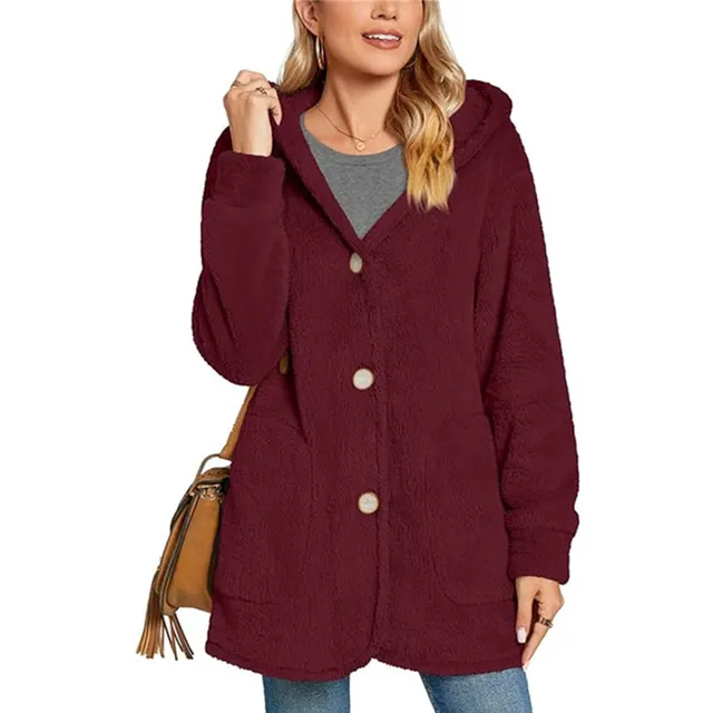 European And American Plush Hooded Button Pocket Cardigan Casual Coat Wine Red - Shop at LoveMi
