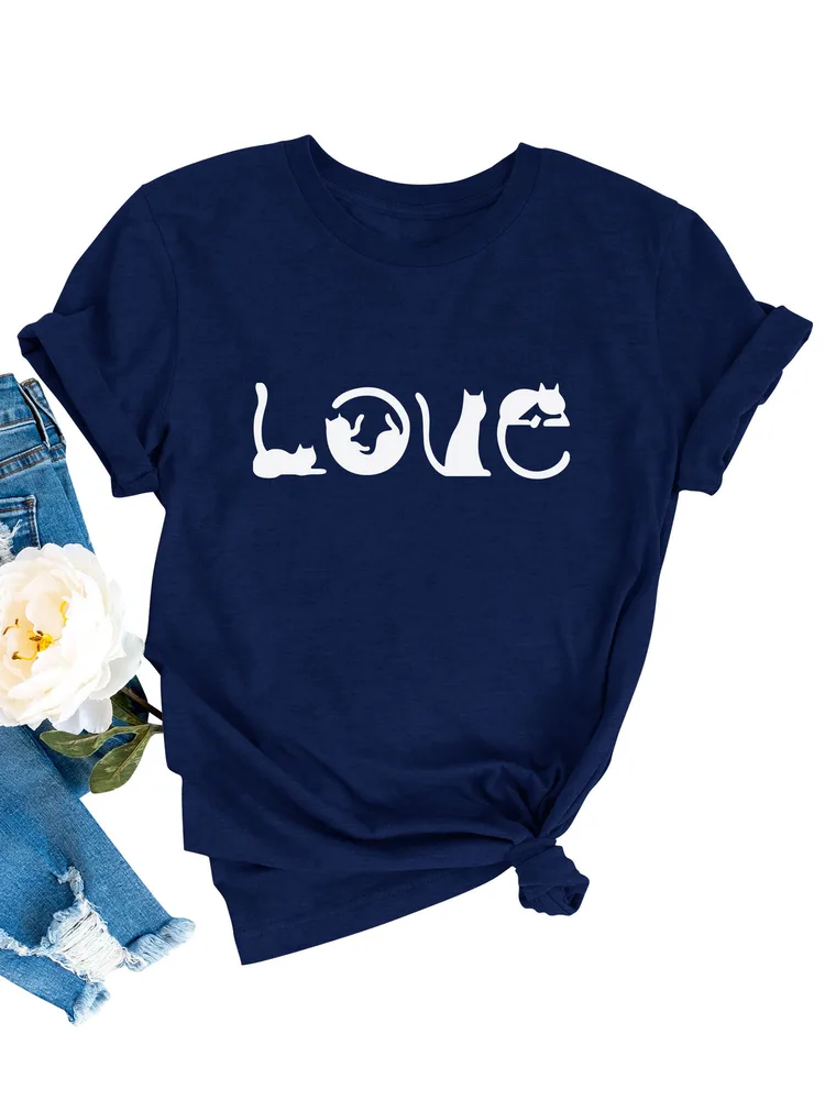 Valentine's Day LOVE Printed Women's Pullover T shirt Navy - Shop at LoveMi