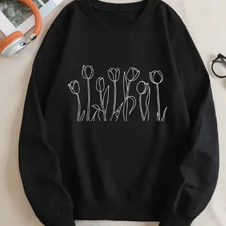Letter Fleece Printed Casual Long Sleeved Sweatshirt - Black