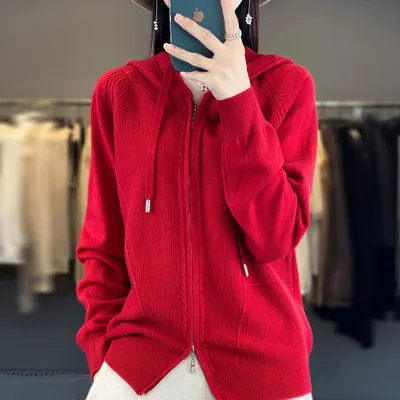 Hoodie Knitted Zipper Thickening Coat Cherry Red - Shop at LoveMi