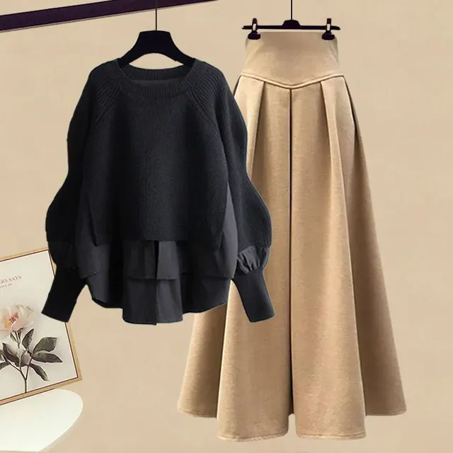 Women's Casual Fashion Fake Two piece Top Slim Fit Skirt Two piece Set Black Top Khaki Skirt - Shop at LoveMi