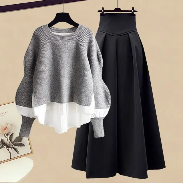 Women's Casual Fashion Fake Two piece Top Slim Fit Skirt Two piece Set Gray Top Black Skirt - Shop at LoveMi