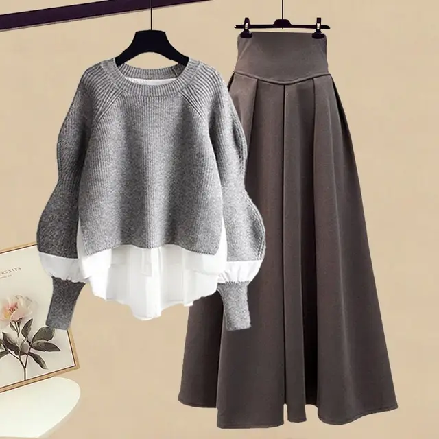 Women's Casual Fashion Fake Two piece Top Slim Fit Skirt Two piece Set Gray Top Brown Skirt - Shop at LoveMi
