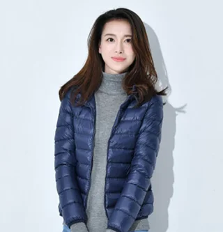 Short Lightweight Thickened Thermal Slim Fit Korean Style White Duck Down Fashionable Jacket - Navy Blue Hooded